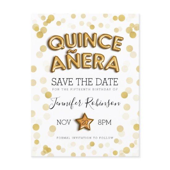 Quinceanera Save The Date Gold Balloons Glitter Announcement Postcard