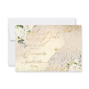 Quinceanera Save the Date Gold Faux Glitter Gown I