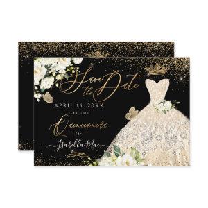 Quinceanera Save the Date Gold Faux Glitter Gown