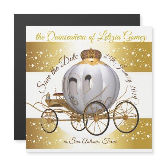 Quinceanera Save the Date Gold Princess Carriage Magnetic