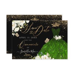 Quinceanera Save the Date Green Faux Glitter Gown