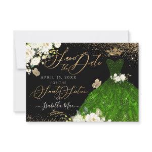 Quinceanera Save the Date Green Faux Glitter Gown