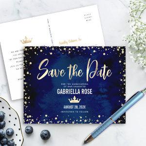 Quinceañera Save the Date Navy Gold Glitter Crown  Postcard