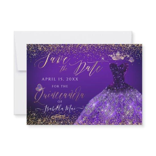 Quinceanera Save the Date Purple Gliter Gown