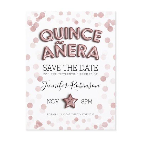 Quinceanera Save The Date Rose Gold Balloons Announcement Postcard