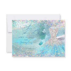 Quinceanera Save the Date Silver Aqua Blue Dress