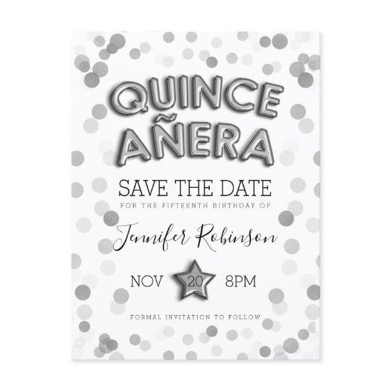 Quinceanera Save The Date Silver Balloons Glitter Announcement Postcard