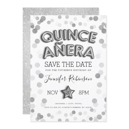 Quinceañera Save The Date Silver Balloons Glitter