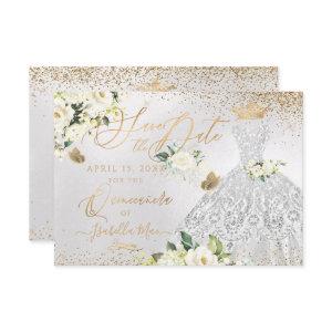 Quinceanera Save the Date Silver Faux Glitter Gown
