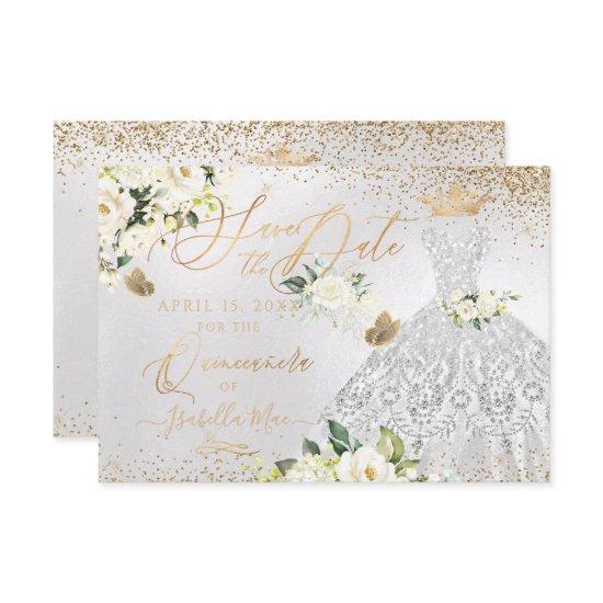 Quinceanera Save the Date Silver Faux Glitter Gown