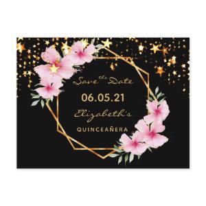 Quinceanera Save the Date tropical gold black star Postcard