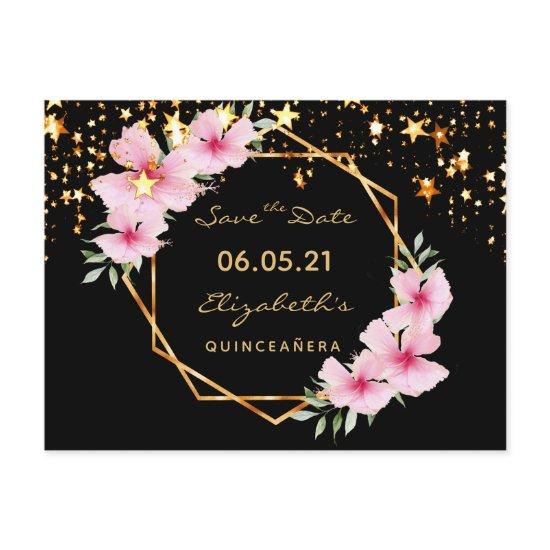 Quinceanera Save the Date tropical gold black star Postcard