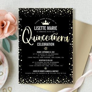 Quinceañera Script Princess Crown Black Real Gold  Foil