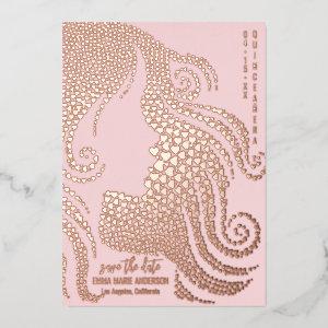 Quinceañera Silhouette Rose Gold Hearts Save Date Foil Holiday Card