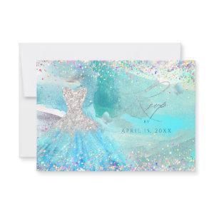Quinceanera Silver Aqua Glitter Gown RSVP card