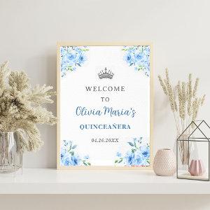 Quinceanera Silver Blue Floral Gown  Welcome Sign