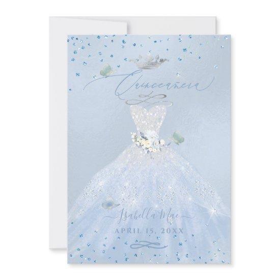 Quinceanera Silver Blue Glitter Gown