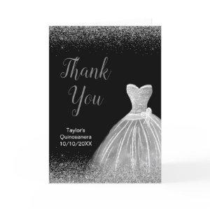 Quinceanera Silver Dress Faux Glitter Thank You Card