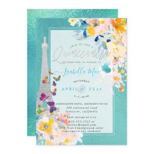 Quinceanera Silver Eiffel Tower Butterflies Flowe