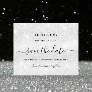 Quinceanera silver glitter budget save the date flyer
