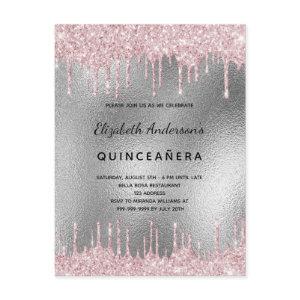 Quinceanera silver glitter drips pink  postcard