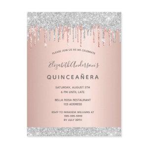 Quinceanera silver glitter pink rose  postcard