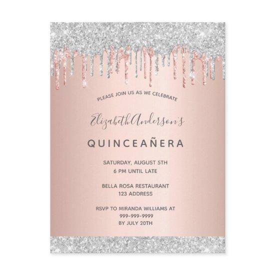 Quinceanera silver glitter pink rose  postcard