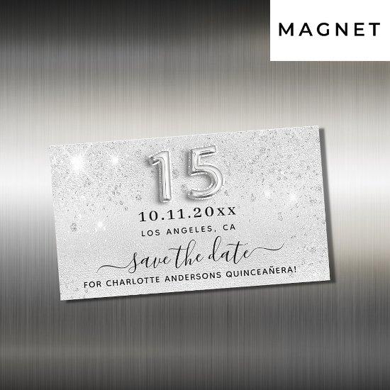 Quinceanera silver glitter Save the date magnet