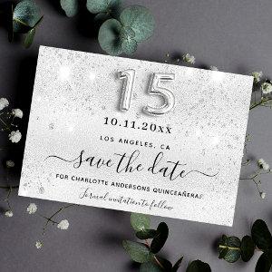 Quinceanera silver glitter sparkles glamorous save the date