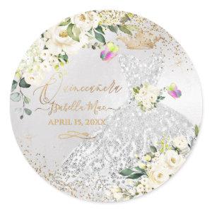 Quinceanera Silver Gown Gold Glitter Cream Roses C Classic Round Sticker