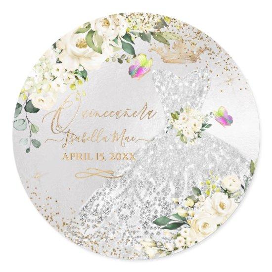 Quinceanera Silver Gown Gold Glitter Cream Roses C Classic Round Sticker