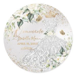 Quinceanera Silver Gown Gold Glitter Cream Roses C Classic Round Sticker