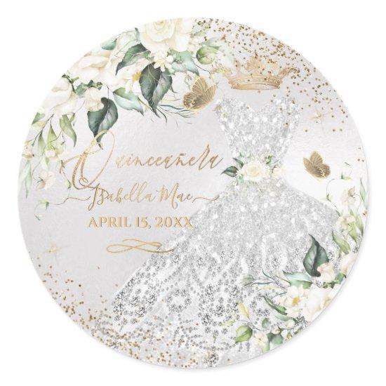 Quinceanera Silver Gown Gold Glitter Cream Roses C Classic Round Sticker