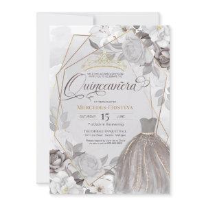 Quinceañera silver grey gold fancy Tiara & gown