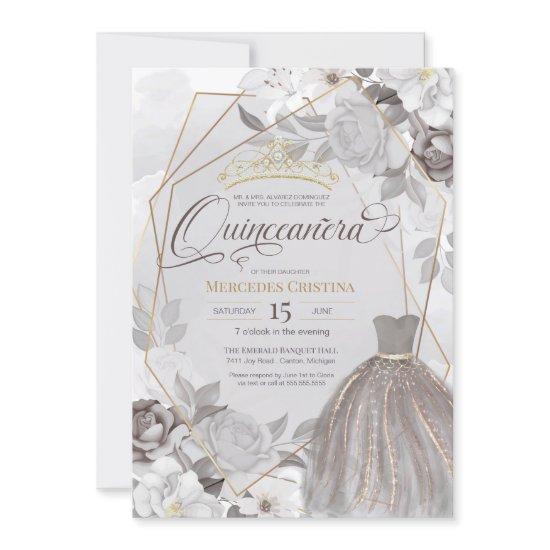 Quinceañera silver grey gold fancy Tiara & gown
