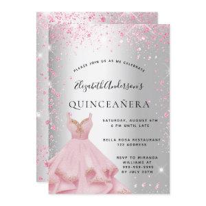 Quinceanera silver pink dress glitter dust