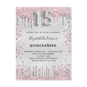 Quinceanera silver pink metal glitter dust  postcard
