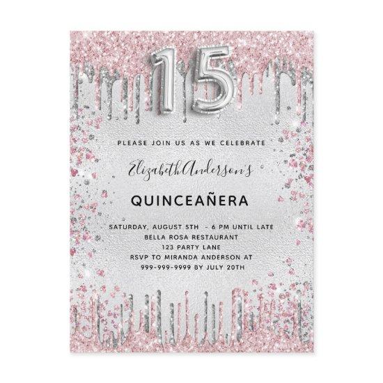 Quinceanera silver pink metal glitter dust  postcard