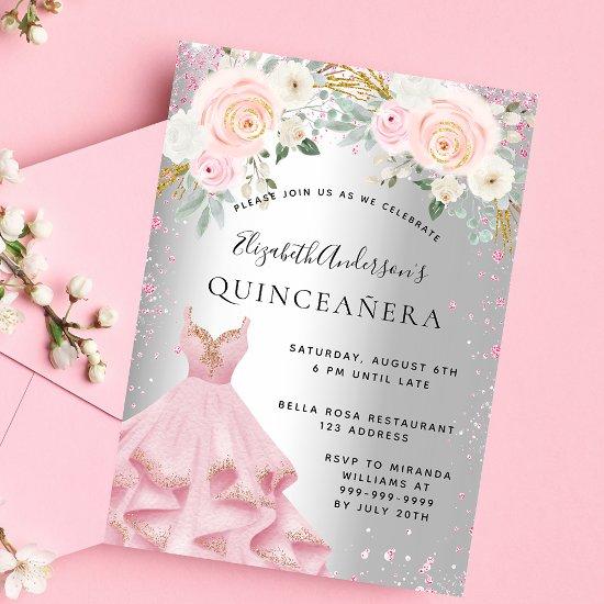 Quinceanera silver pink sparkles dress glamorous  postcard