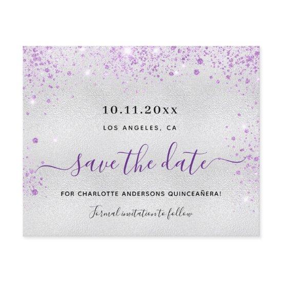Quinceanera silver purple budget save the date flyer
