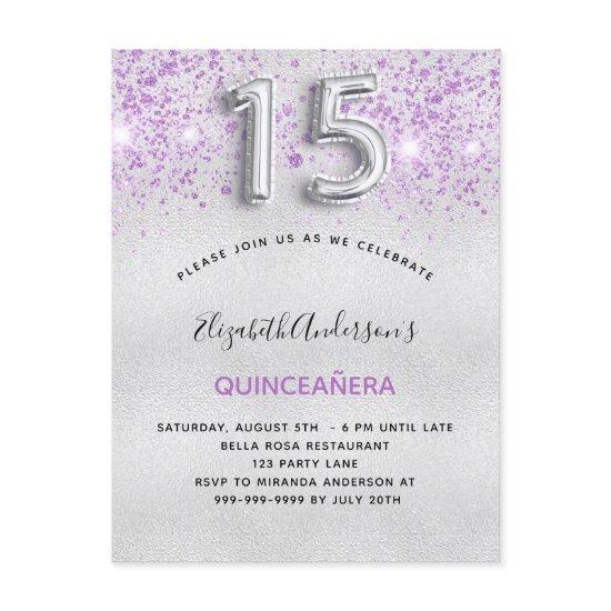 Quinceanera silver purple glitter drops  postcard