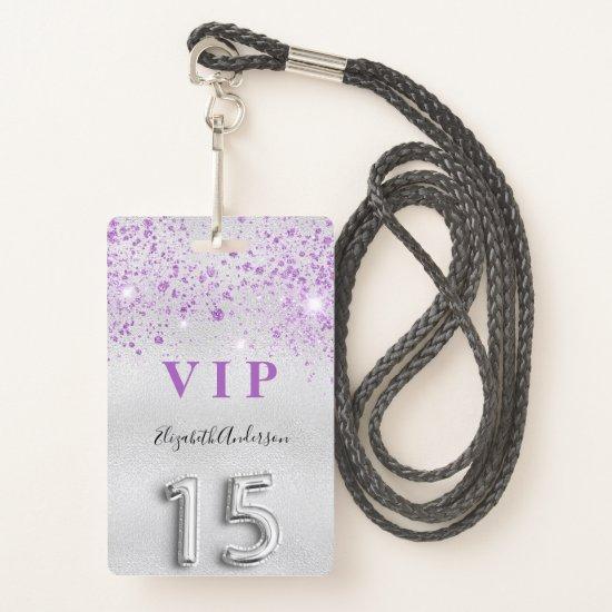 Quinceanera silver purple glitter VIP  Badge