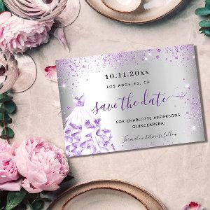 Quinceanera silver purple sparkles save the date announcement postcard