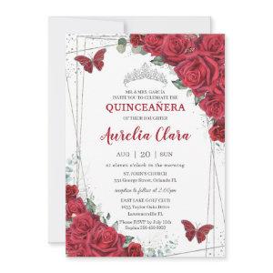 Quinceañera Silver Red Roses Floral Butterflies
