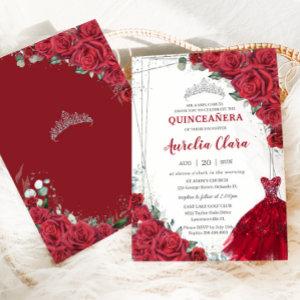 Quinceañera Silver Red Roses Floral Dress Gown