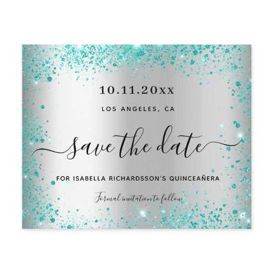 Quinceanera silver teal budget save the date flyer
