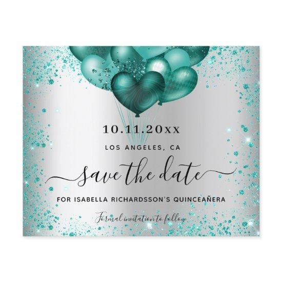 Quinceanera silver teal budget save the date flyer