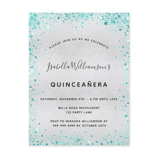 Quinceanera silver teal glitter glam  postcard