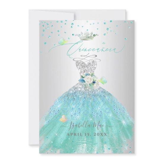 Quinceanera Silver Turquoise Glitter Gown
