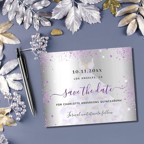 Quinceanera silver violet budget save the date flyer
